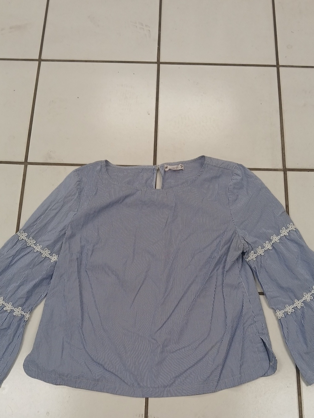 Nanette Lepore Light Blue Striped Long Sleeve Top with Floral Trim